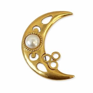 Gold Tone Crescent Moon Brooch w Faux Pearl Celestial Pin